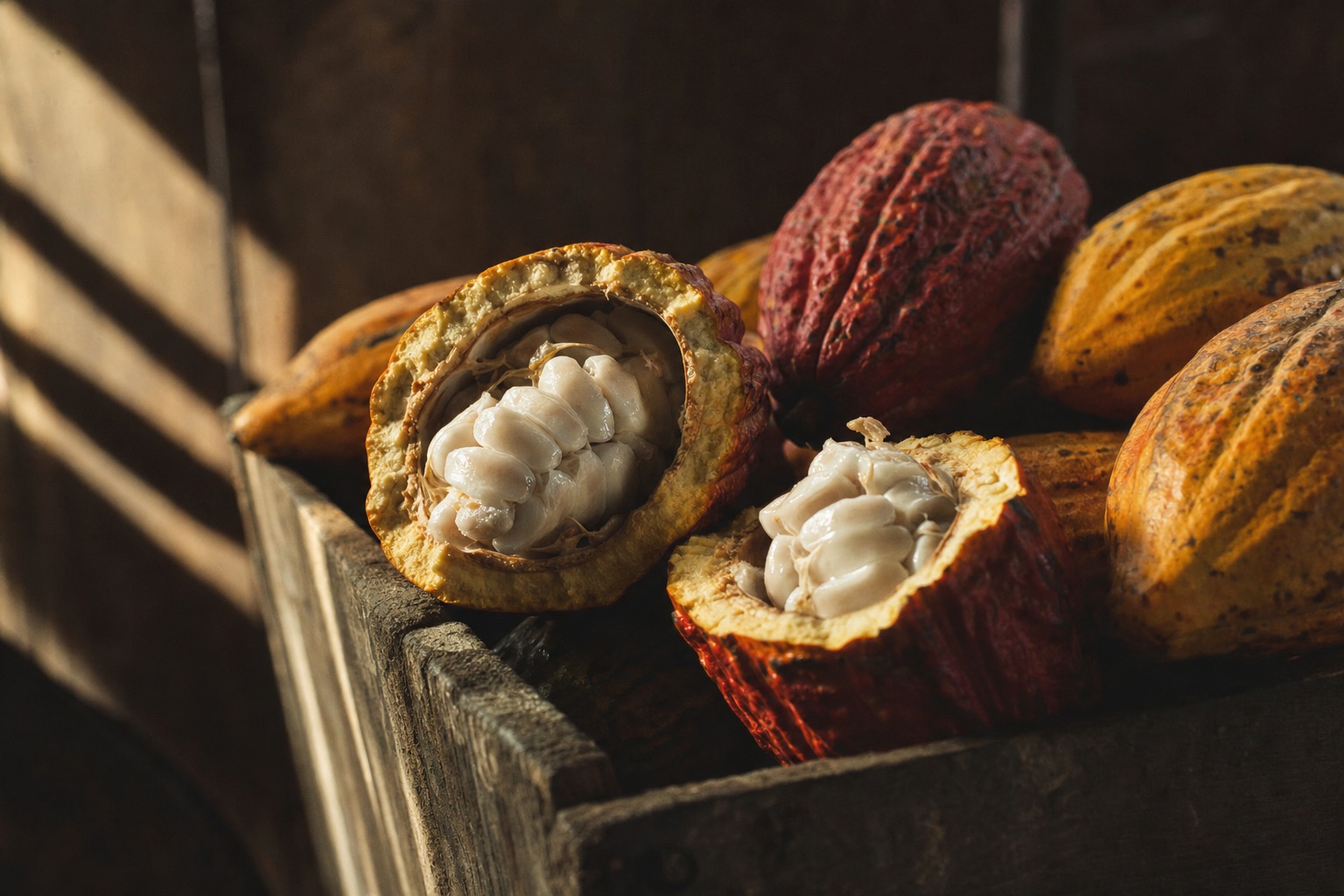 Split criollo cacao pods on the edge of a wooden fermentation box, white pulp-covered beans inside