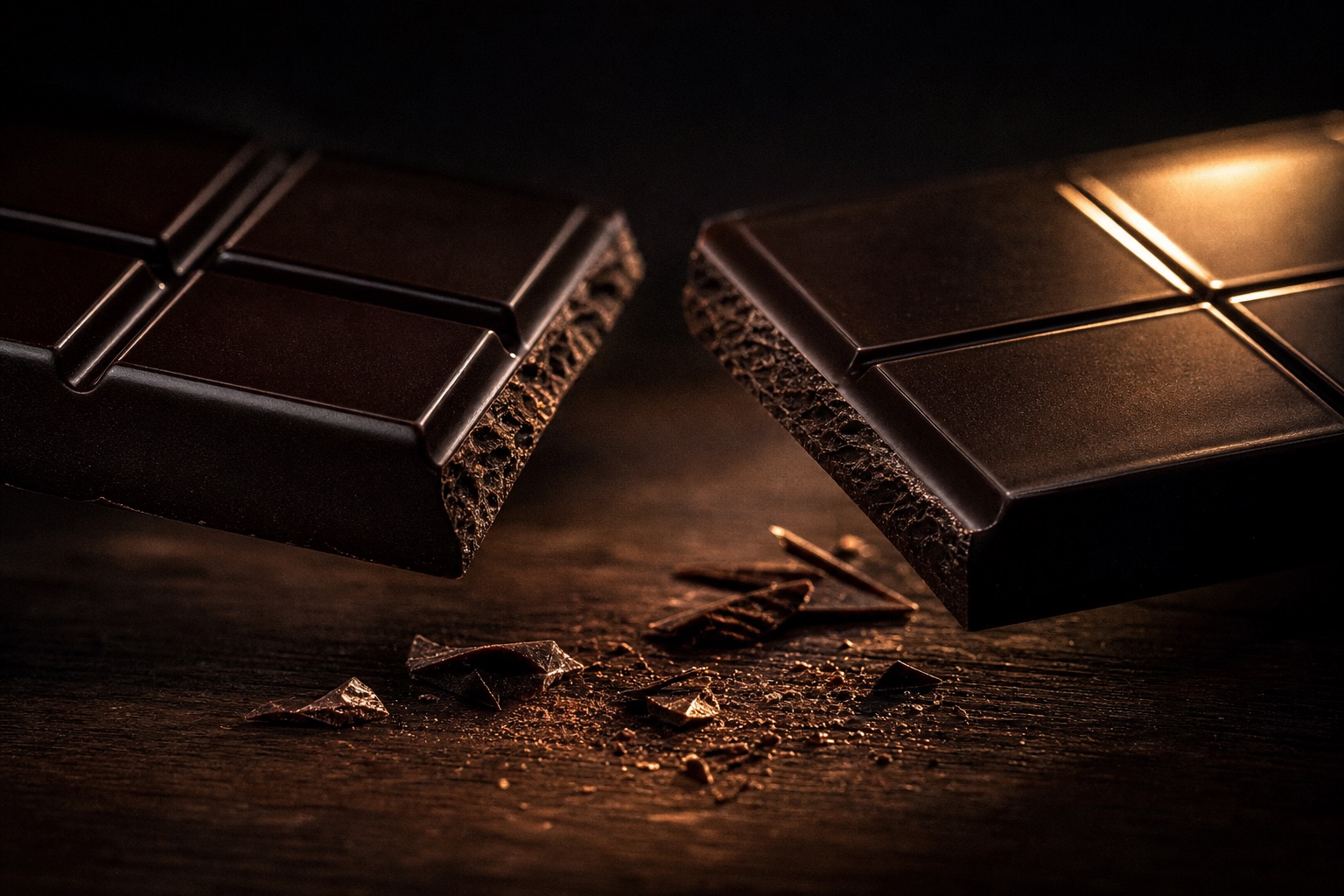 A dark chocolate bar snapped in half, showing a glossy tempered surface and a crisp crystalline break